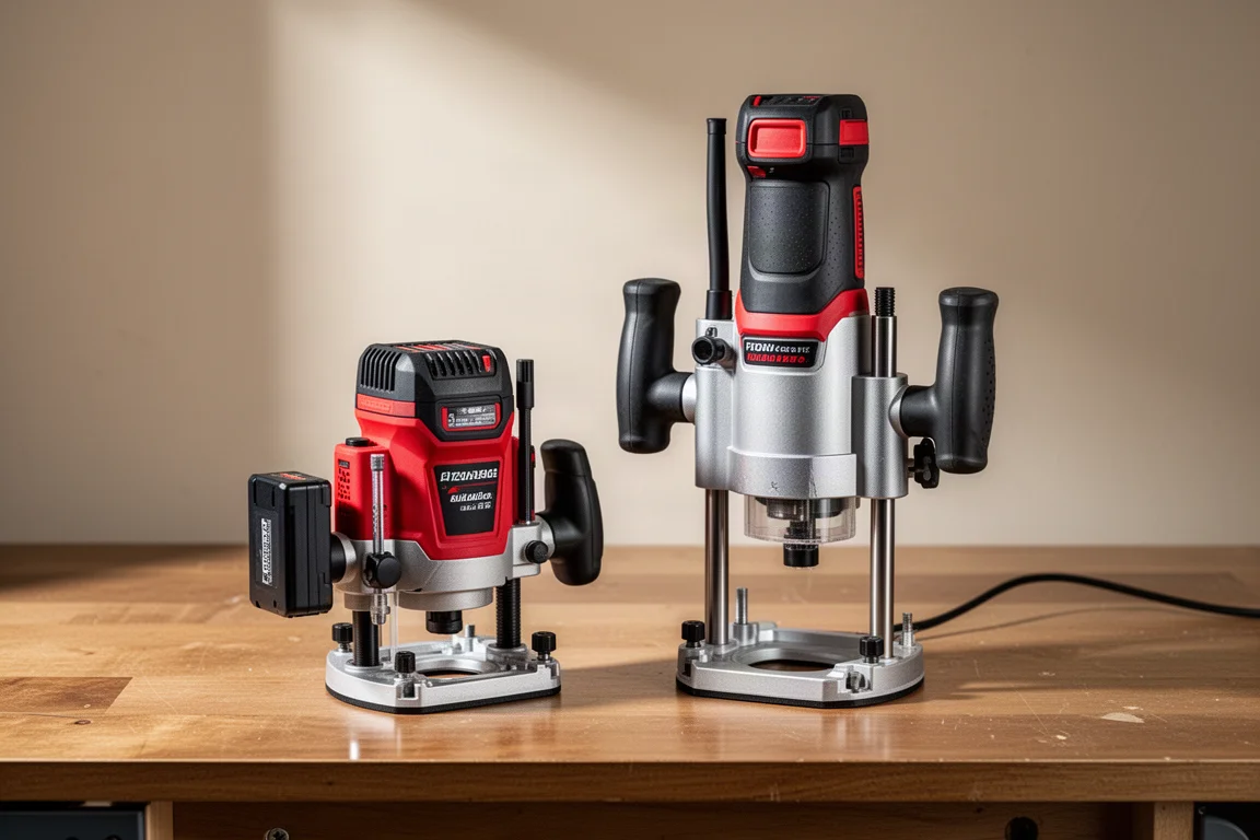 Due router cordless affiancati su un banco di lavoro a confronto