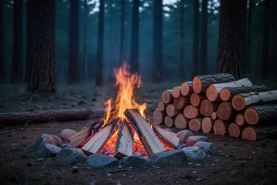 Lagerfeuerszene in einer Waldlichtung in der Abenddämmerung mit geschnittenen Holzstämmen in der Nähe