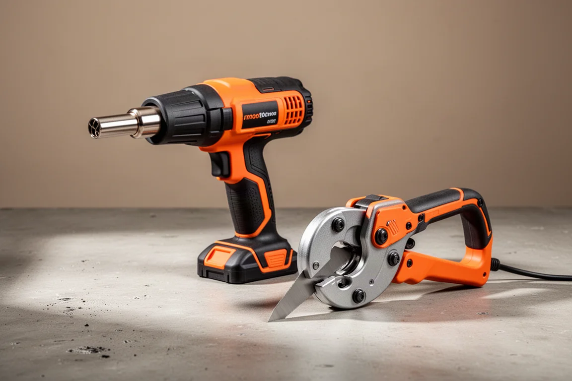 Milwaukee M18 heat gun and tube cutter on a concrete workshop surface