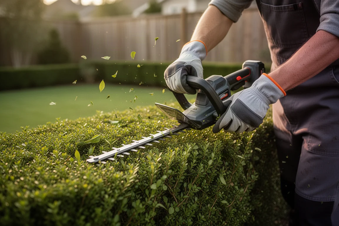 Jardinero podando un seto bajo en un jardín residencial con luz suave
