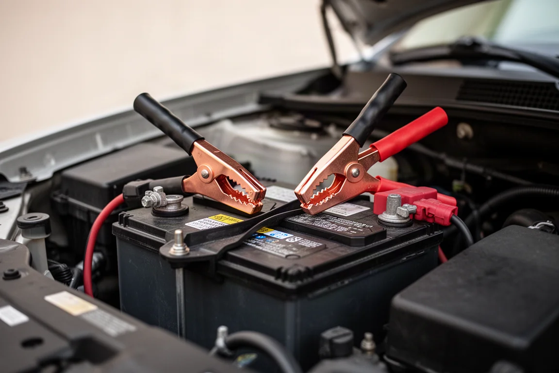 Pinze di avviamento collegate al terminale di una batteria auto in un vano motore aperto