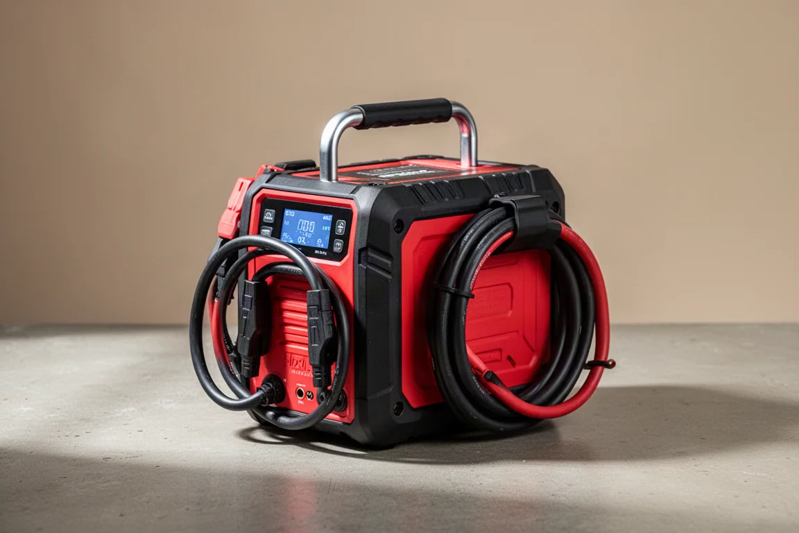 Avviatore di emergenza Milwaukee M18 Hot Shot con cavi a spirale e display digitale su superficie di cemento