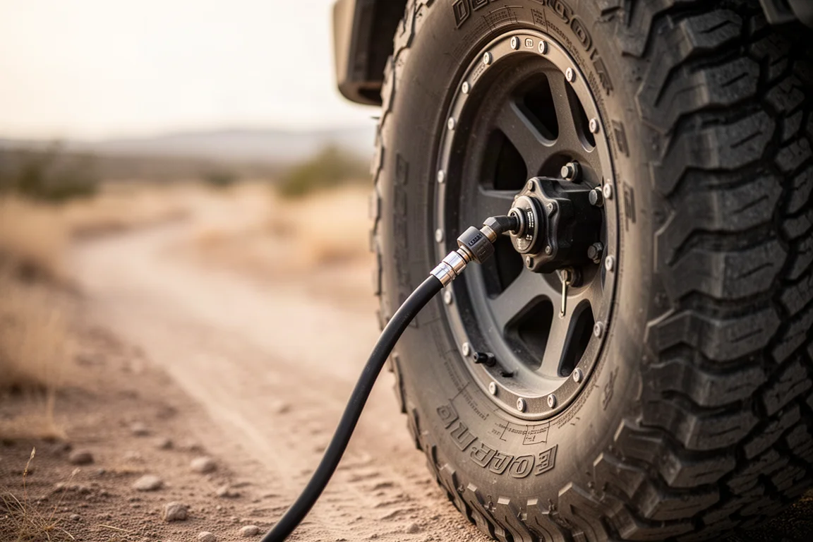 Manguera del inflador conectada a un neumático todoterreno grande de un Jeep