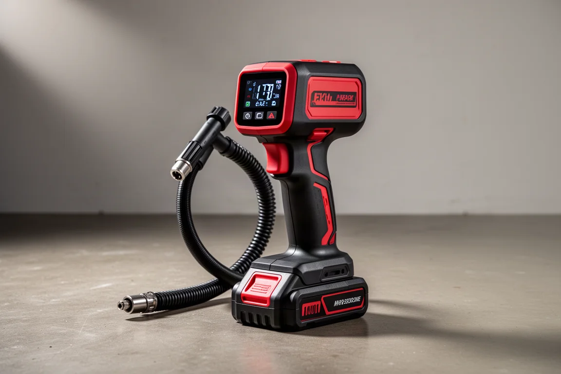 Cordless M18 tire inflator with digital display and hose on concrete floor