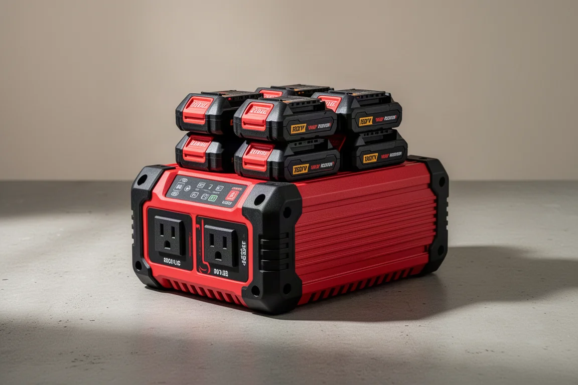 Milwaukee M18 inverter power station ze stosem akumulatorów na betonowej powierzchni