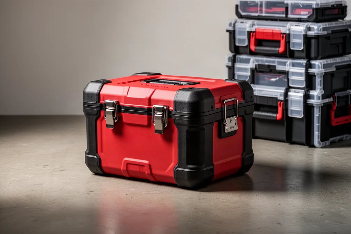 Red and black battery-powered lunch warmer box beside modular tool storage cases