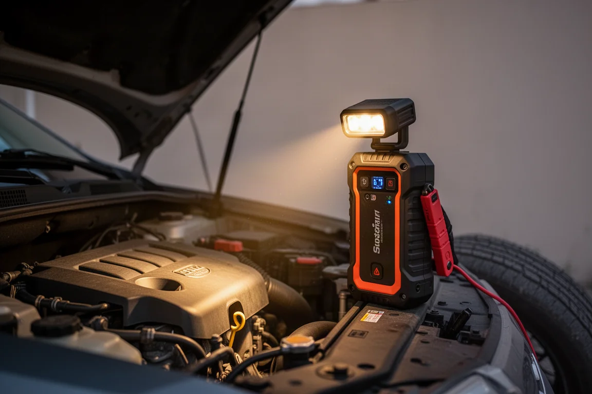 Lampa robocza na górze boostera rozruchowego oświetlająca otwartą komorę silnika o zmierzchu