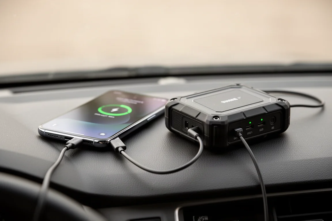Telefon ładowany z przenośnego urządzenia zasilającego przez kabel USB