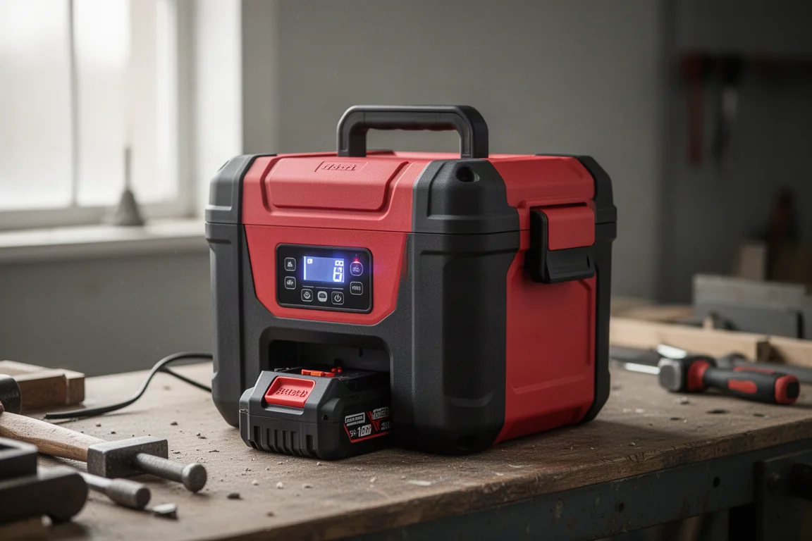Lunch cooler sitting on a workbench with a battery slid into the base