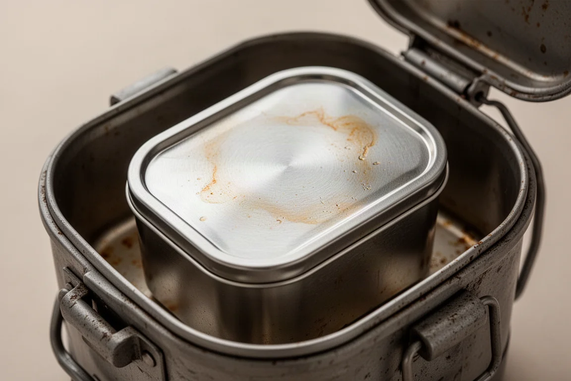Stainless steel food tin inside the warmer showing light staining