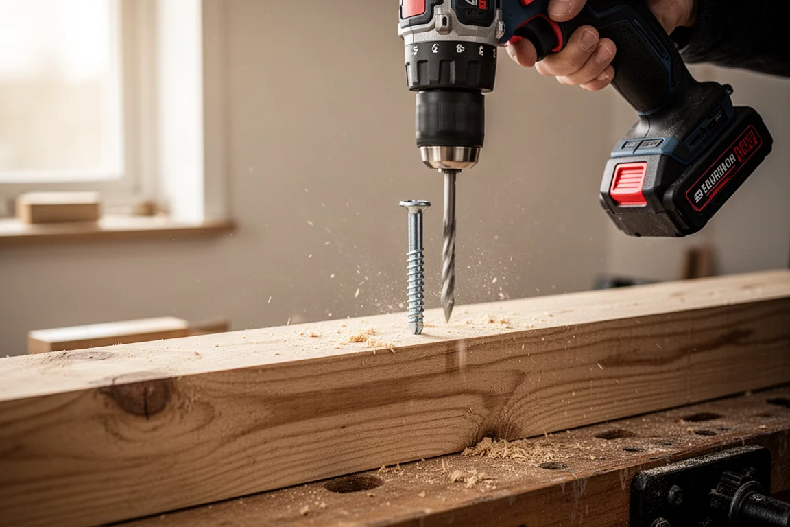 Trapano a batteria che avvita una vite da legno in una trave in un'officina