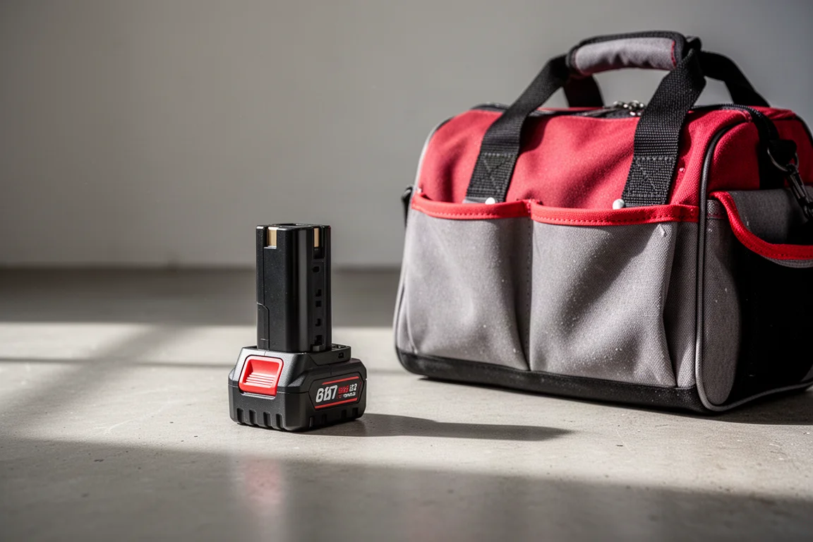 Compatto pacco batteria in piedi su un pavimento in cemento accanto a una borsa portautensili
