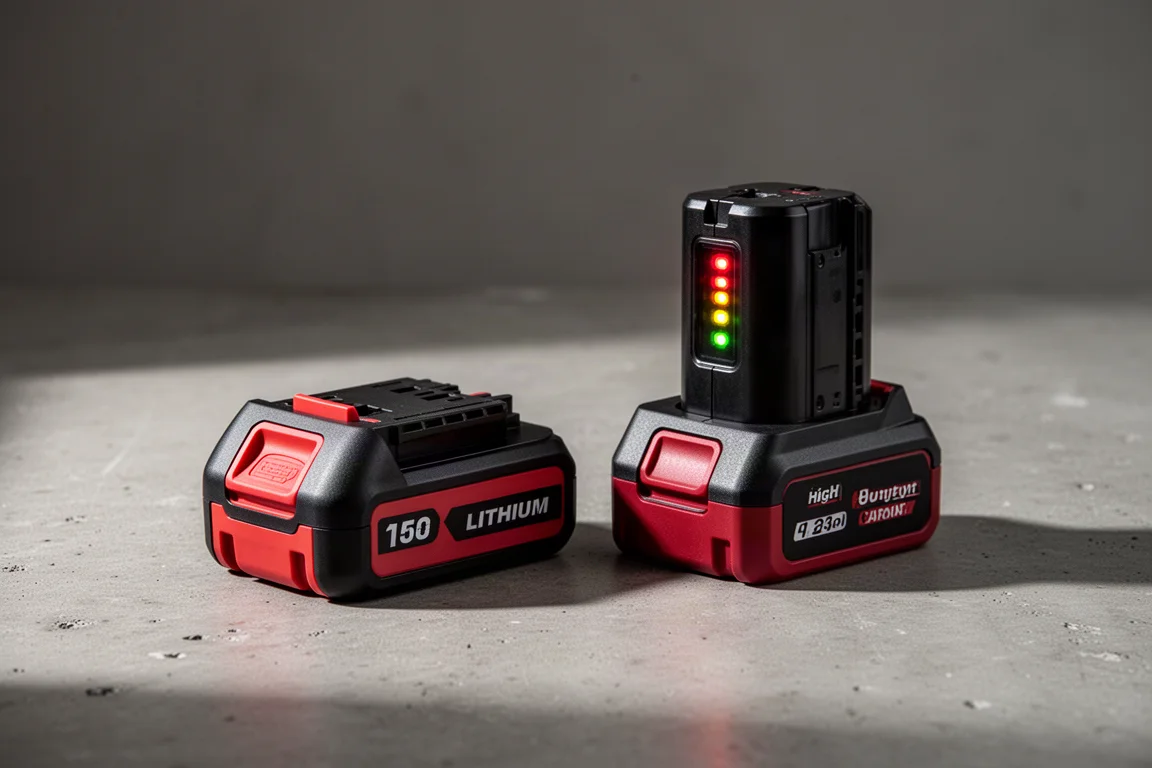 Two Milwaukee-style cordless battery packs on a concrete workshop surface