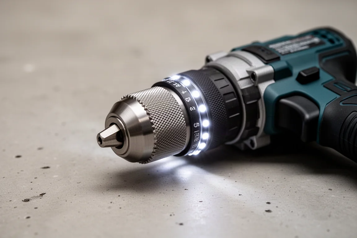 Närbild på en 13 mm metallchuck med rattning och LED-lampor som lyser
