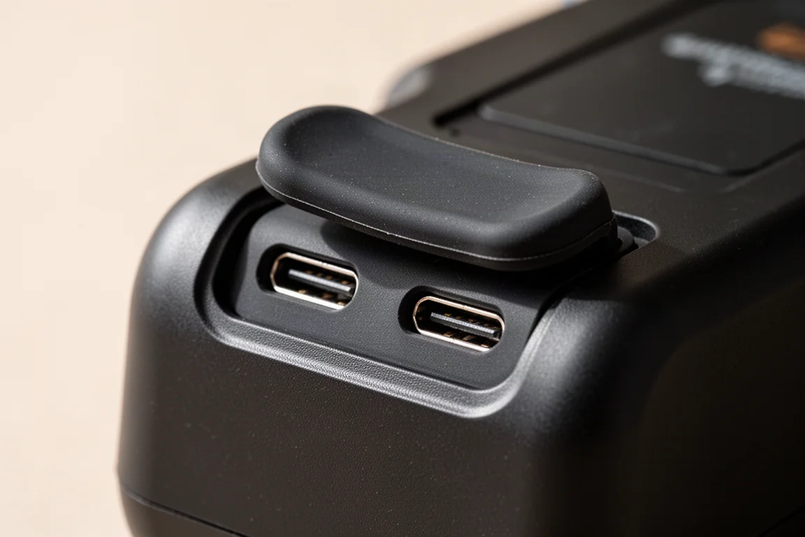 Närbild på två USB-C-laddportar täckta av en gummiklaff på en laddare