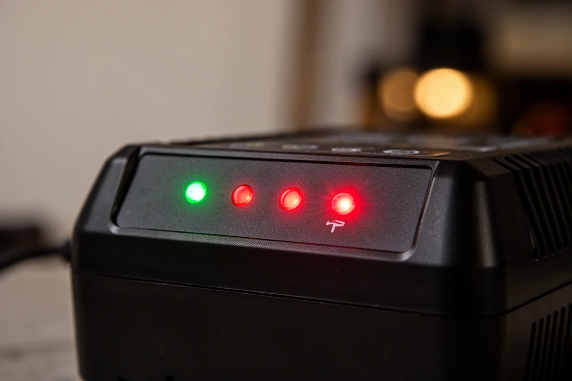 LED-indikatorlampor på en batteriladdare som visar rött, grönt och blinkande rött läge
