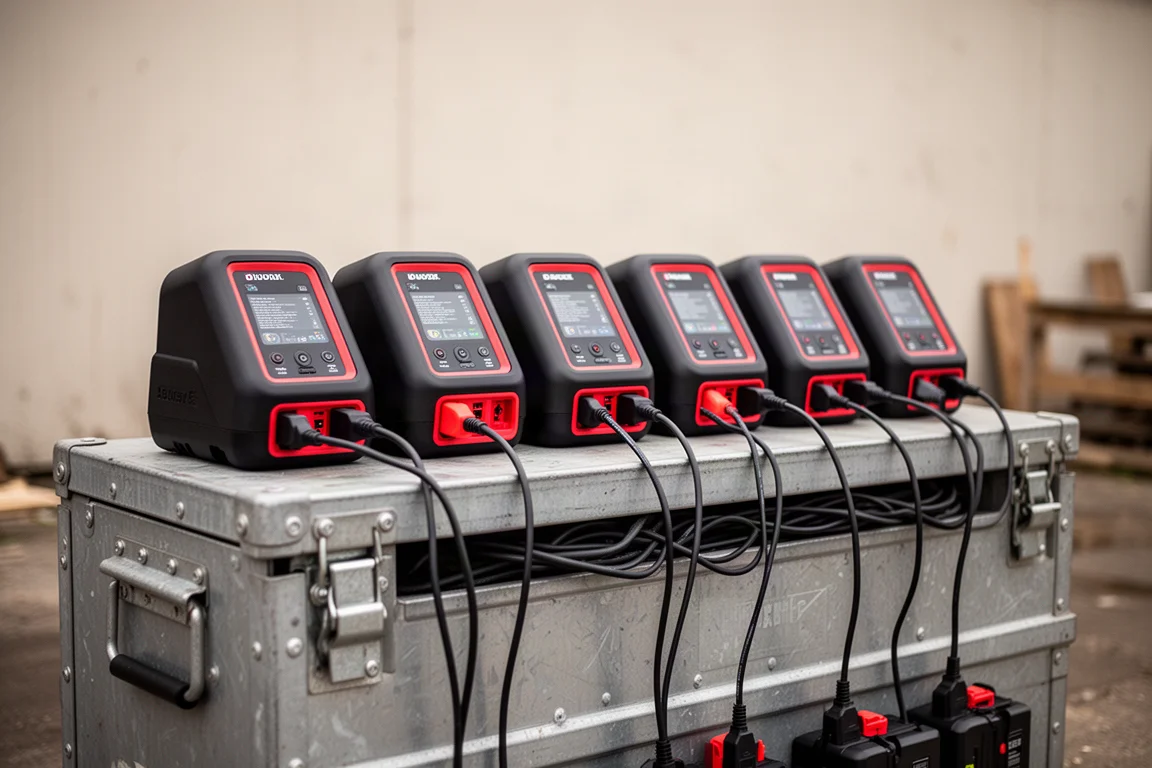 Flera identiska batteriladdare uppradade ovanpå en stor förvaringslåda för arbetsplatsen