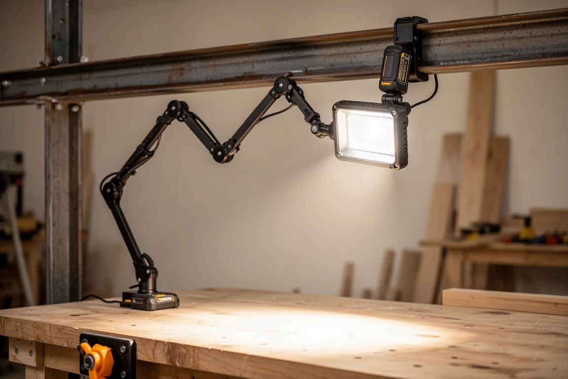 Work light mounted on a metal beam casting bright light across a workbench