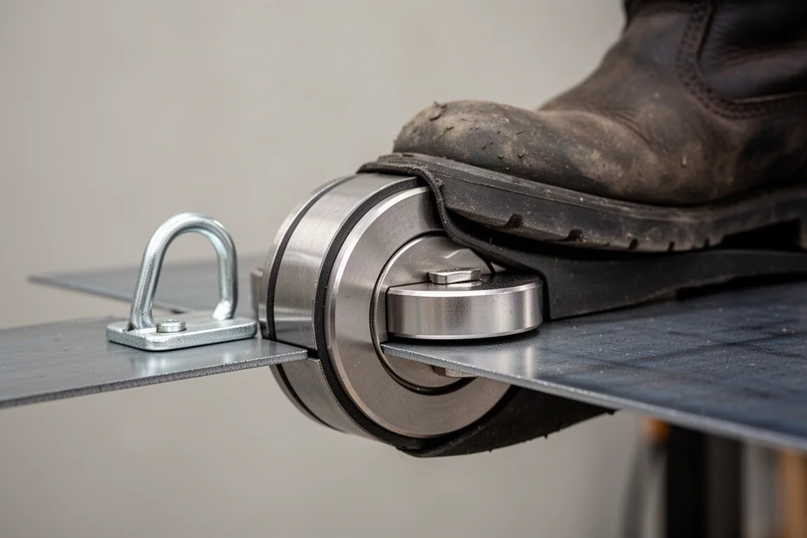 Close-up of a magnetic work light base gripping a thin metal plate
