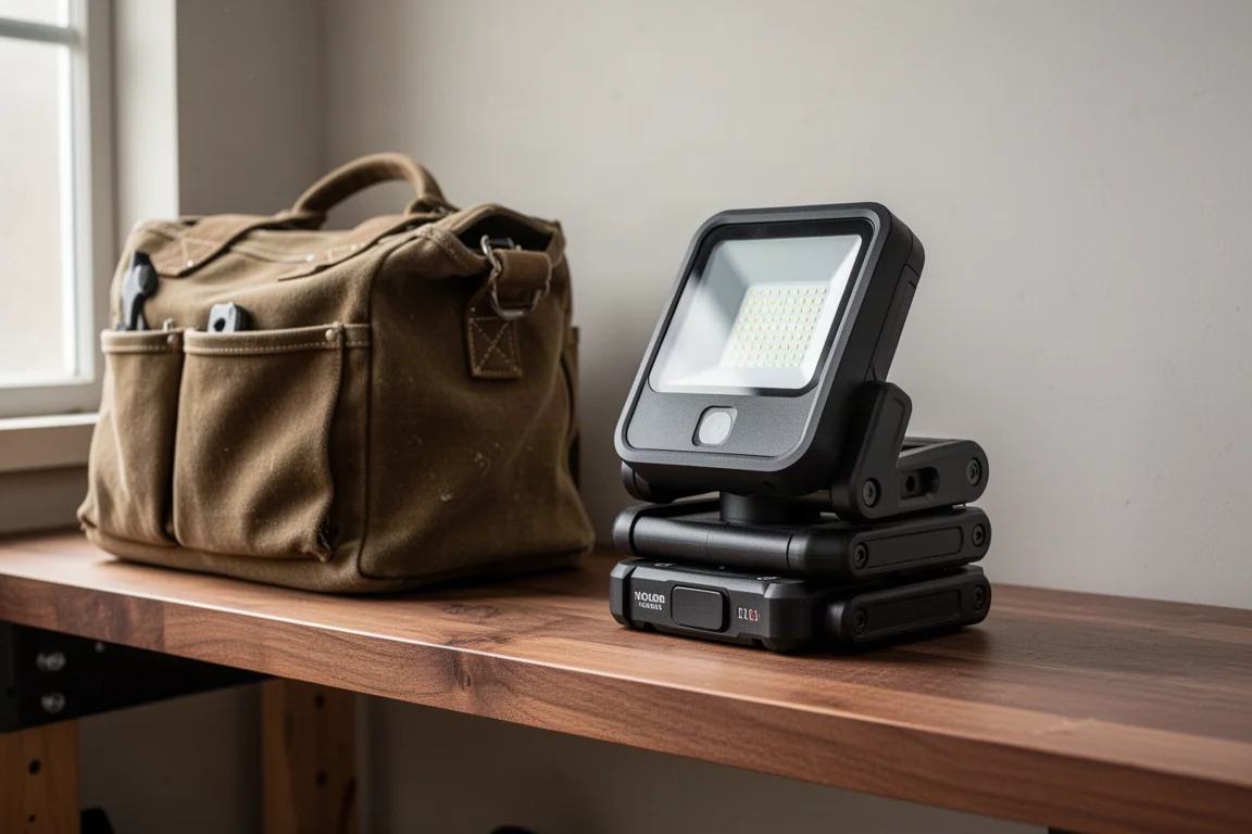 Folded-down cordless boom light stored compactly on a workshop shelf