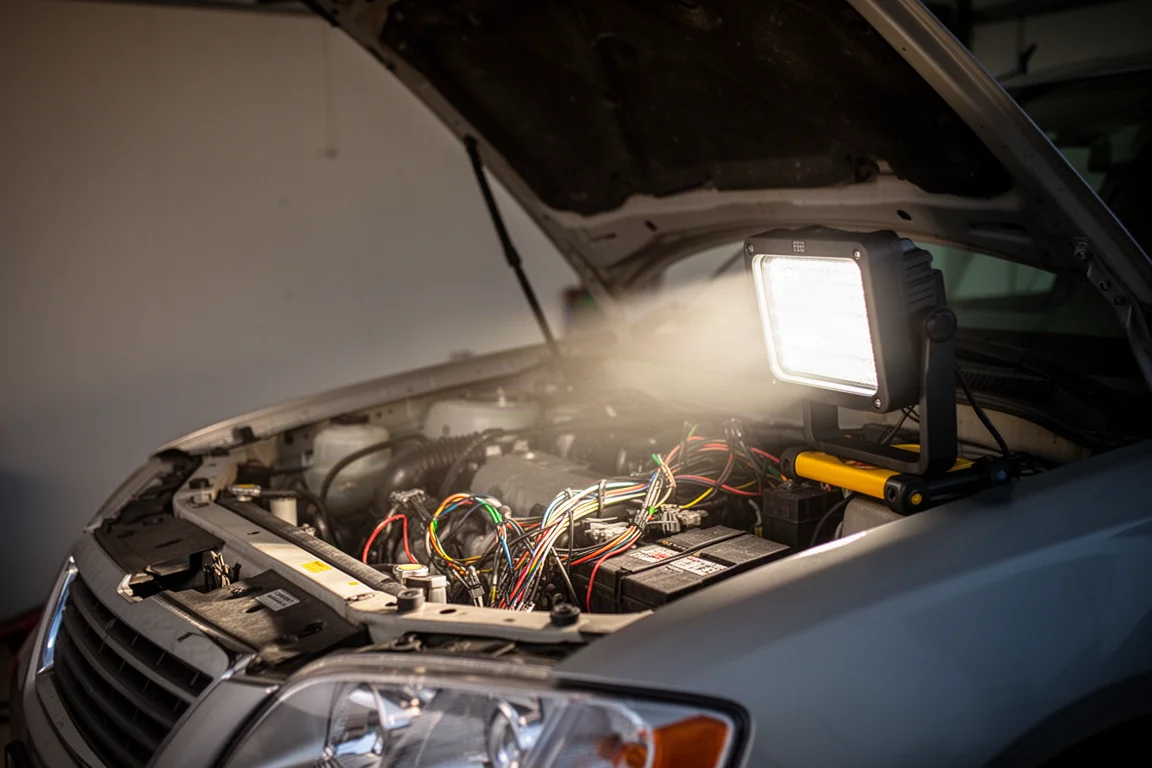 Technician inspecting a car engine bay lit by a portable work light