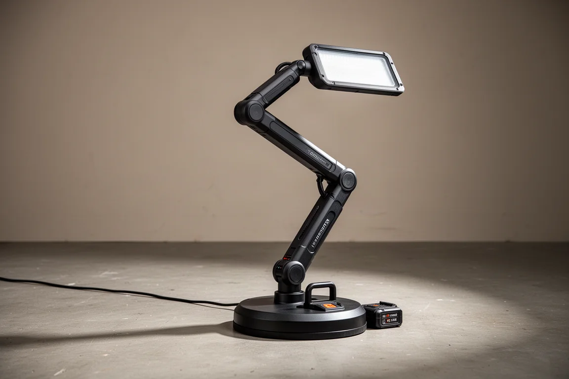 Milwaukee M18 Magnetic Extendable Boom Light na betonowej podłodze warsztatu