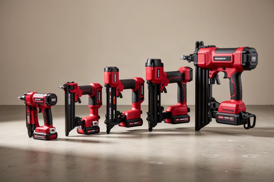 Six cordless nailers and staplers of different sizes lined up on a concrete floor