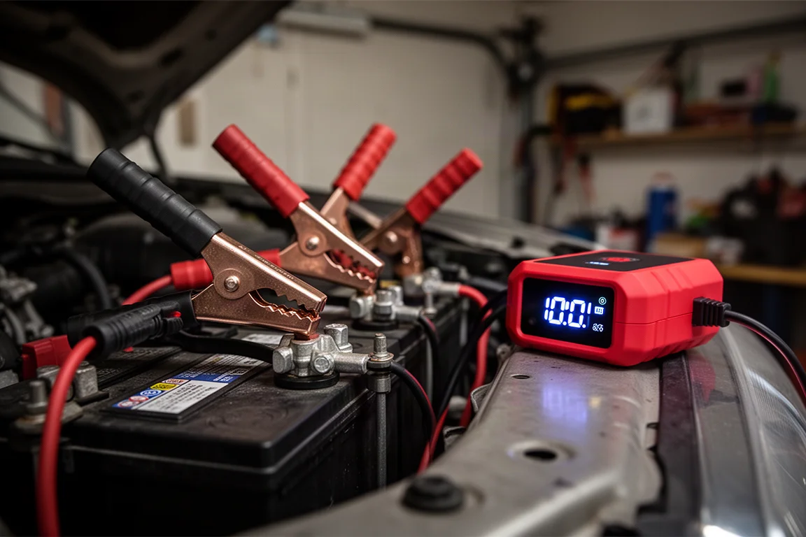 Pinze del jump starter collegate alla batteria di un'auto in un'officina poco illuminata