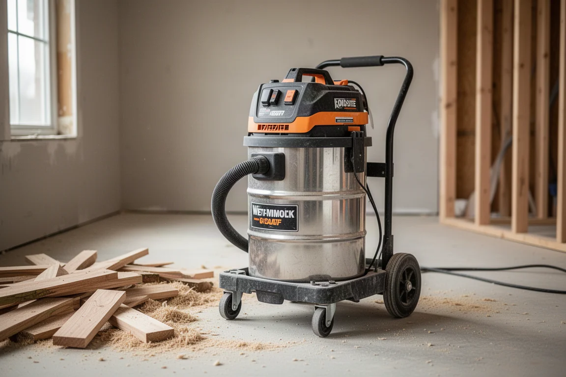 Vacuum wet/dry appoggiato sul pavimento polveroso di un cantiere