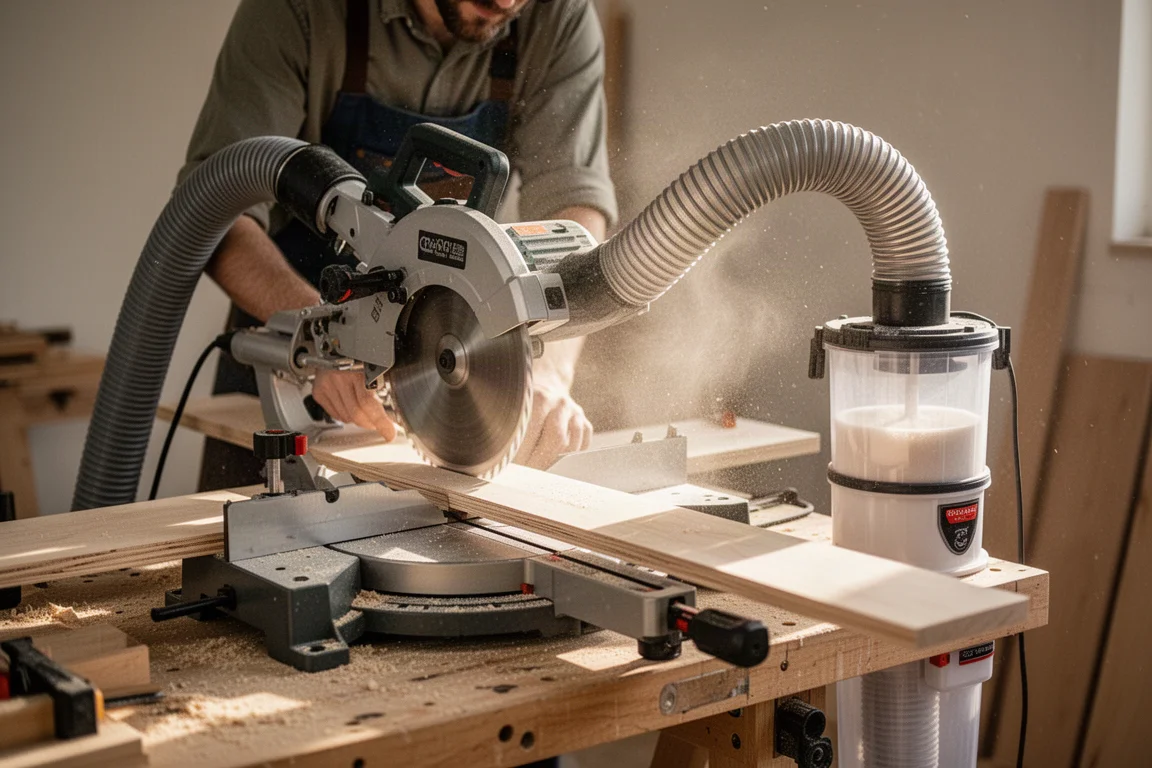 Un falegname taglia il legno con una sega collegata a un separatore di polvere