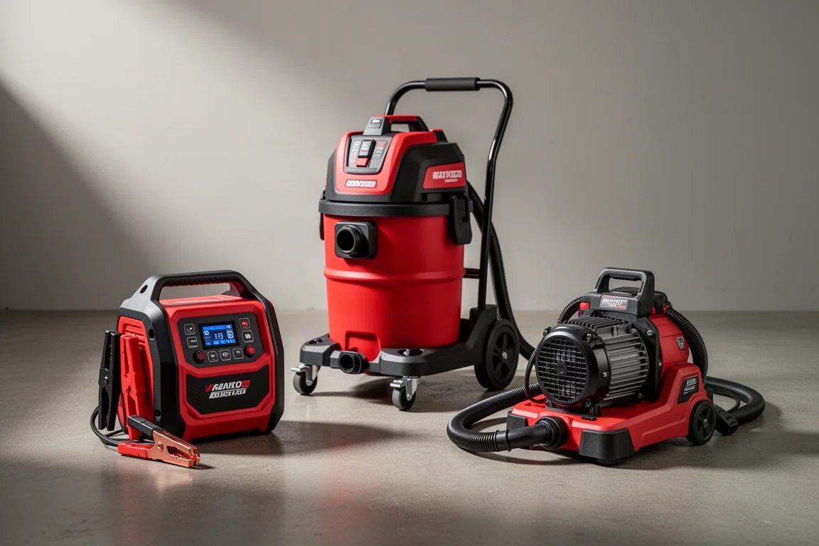 Milwaukee jump starter and Nexus wet/dry vacuum products on a workshop floor