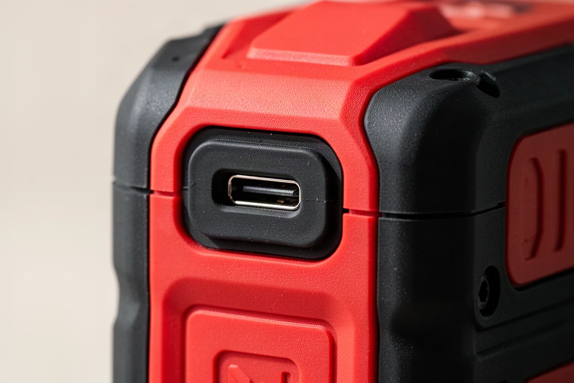 電池充電器側面橡膠覆蓋的 USB-C 輸出埠