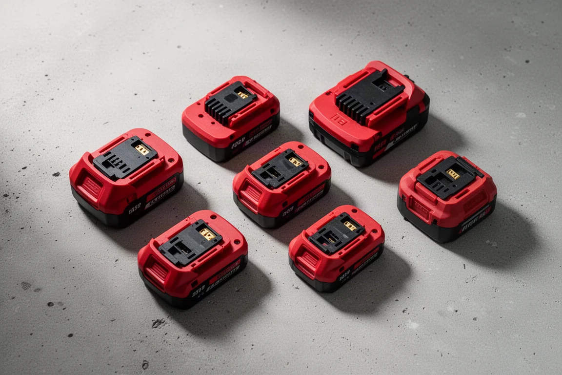 Plusieurs batteries d'outils sans fil disposées sur un établi d'atelier