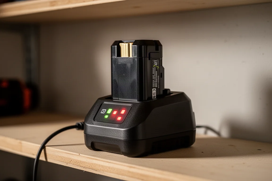 Batterie en charge dans un chargeur sur une étagère de garage