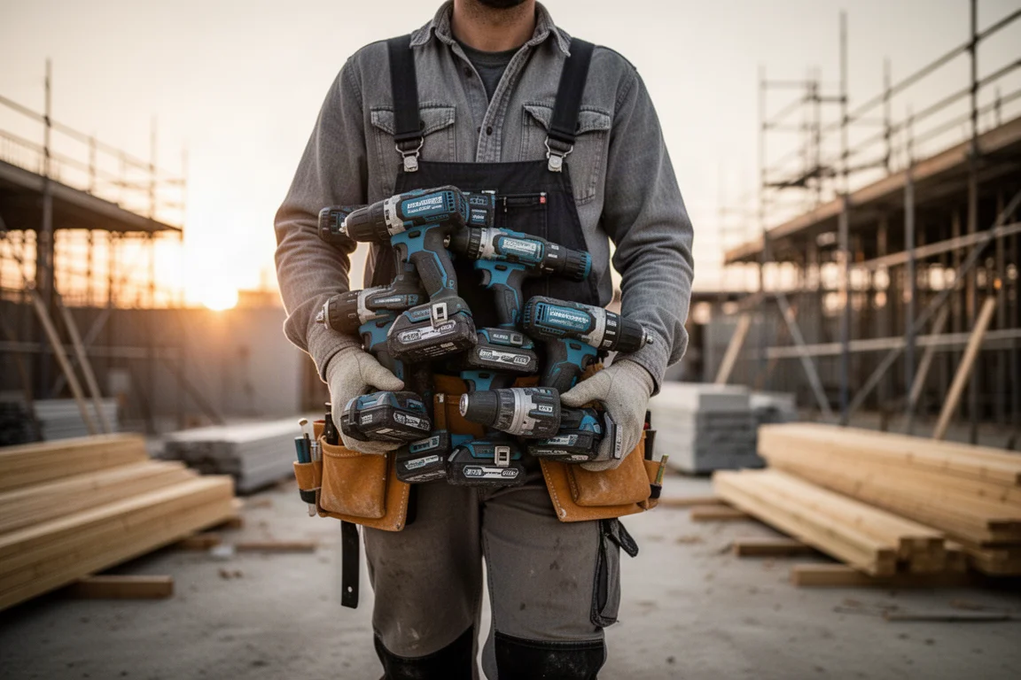 Artisan transportant des outils sans fil sur un chantier au crépuscule