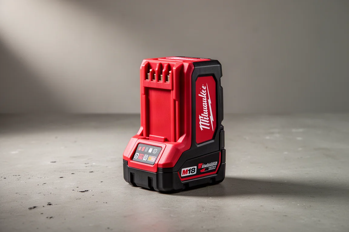 Milwaukee M18 slide-style battery pack on a concrete workshop surface