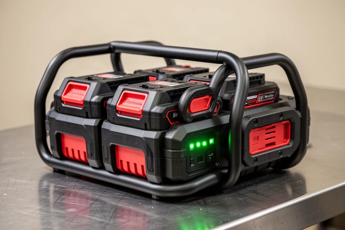 Quattro batterie per utensili a innesto alloggiate in un'unità di alimentazione portatile