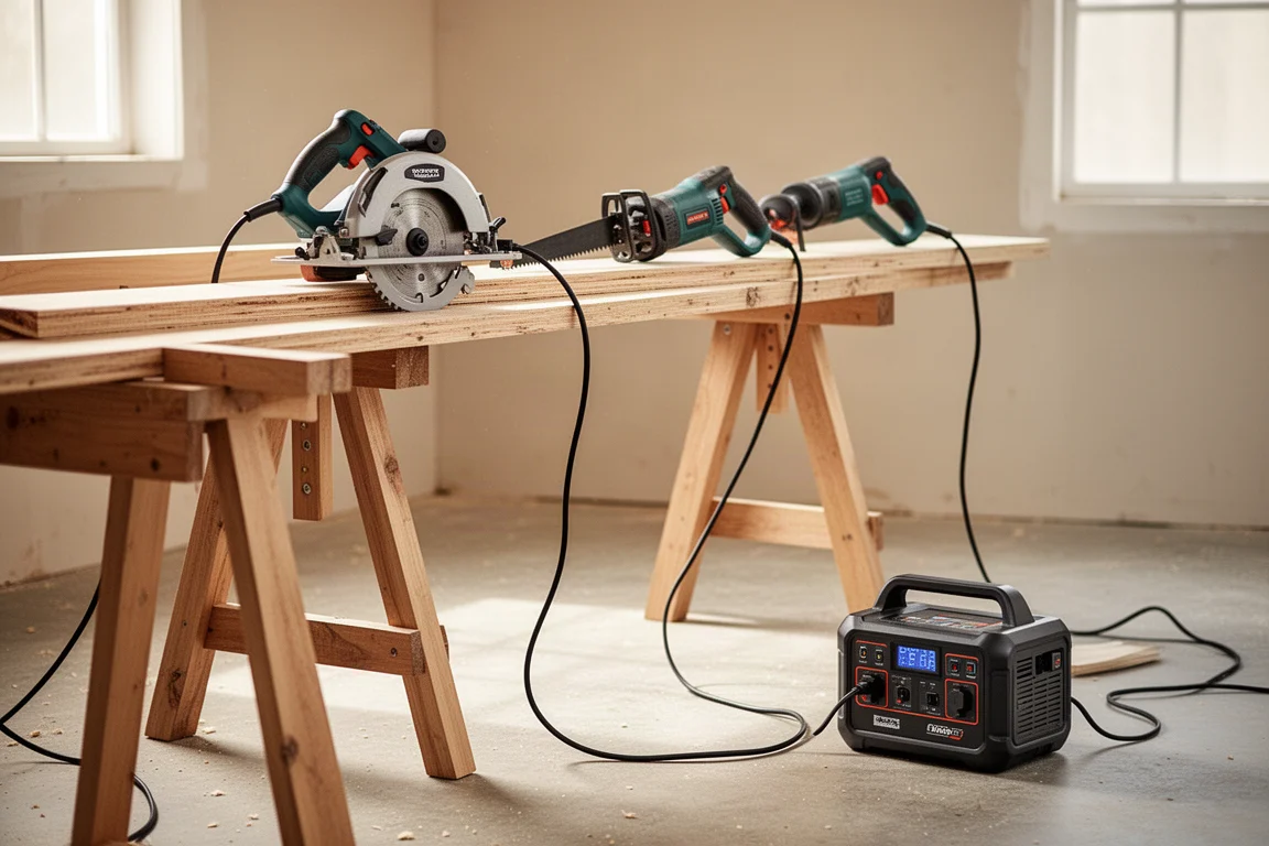 Utensili elettrici su un banco da lavoro collegati a una power station a batteria portatile