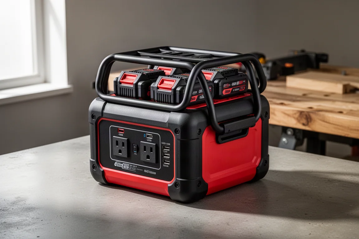 Unità di alimentazione portatile con quattro batterie in una gabbia protettiva su una superficie in cemento