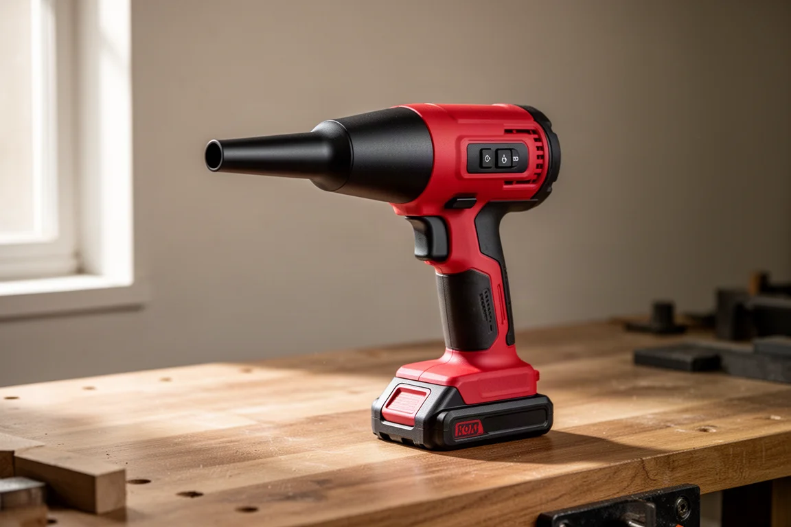 Compact cordless precision blower standing on a brushed wood workshop bench