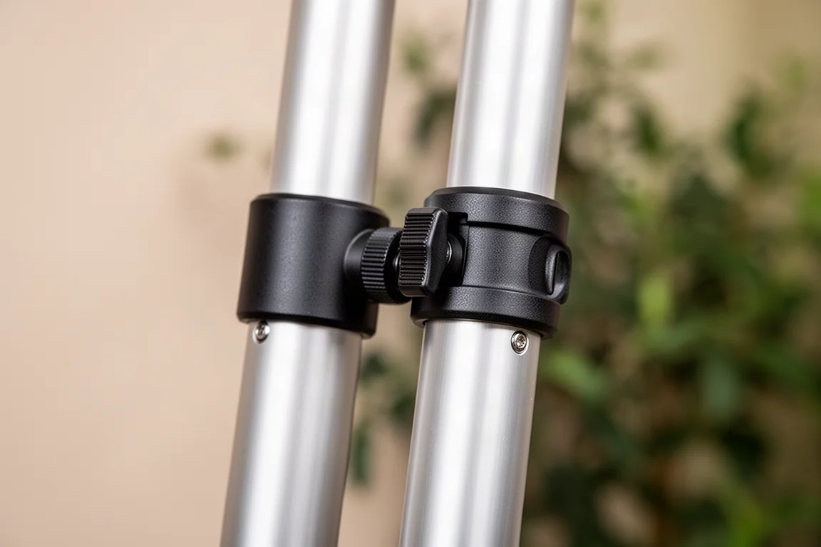 Close-up van twee aluminium stangdelen die met een quick-lock koppeling worden verbonden