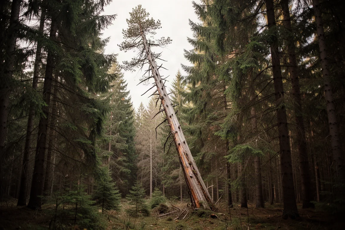 Kantelende dode den die tegen buombomen rust in een dicht bos