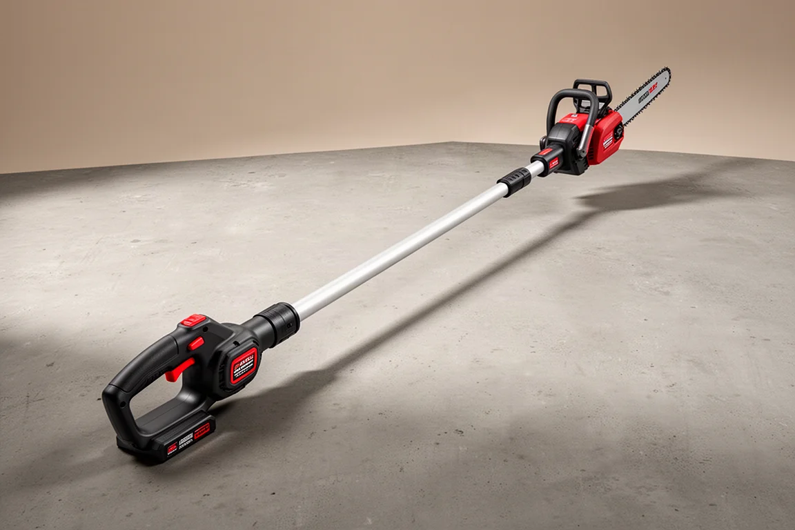Milwaukee M18 Quick-Lock pole saw con asta in alluminio estensibile e testa di taglio su superficie in cemento
