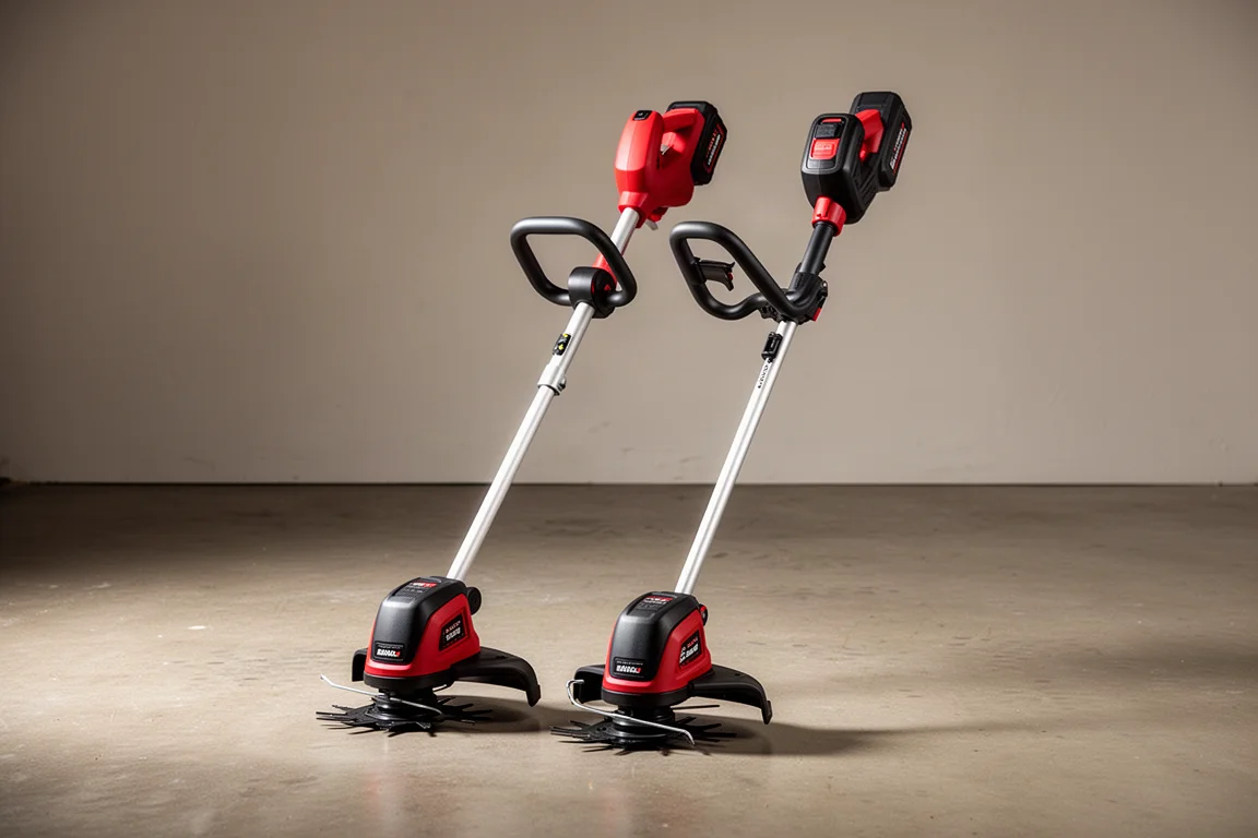 Two generations of cordless string trimmers standing side by side on a concrete floor