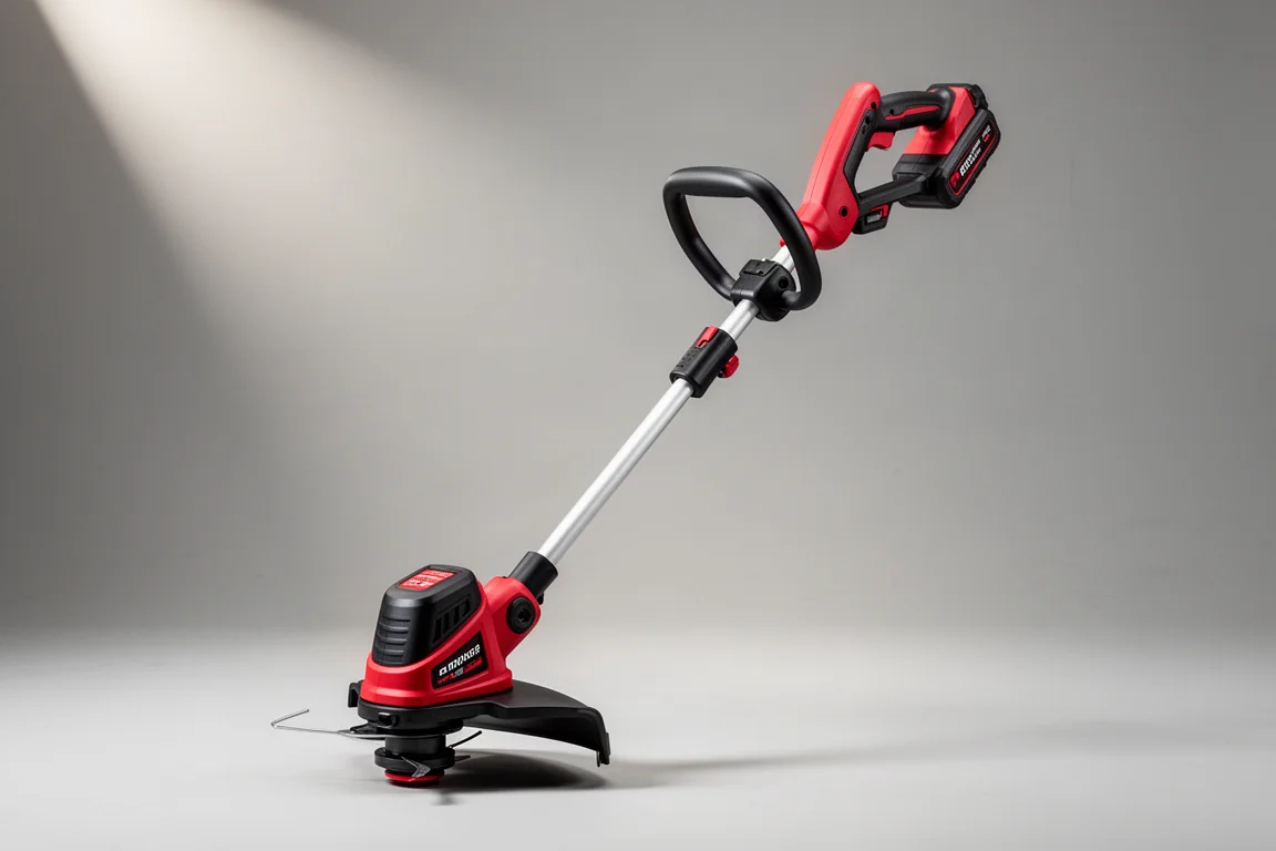 Cordless string trimmer power head with drive shaft on grey backdrop