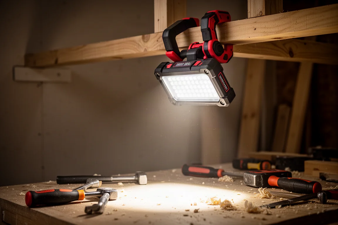 Lampada da lavoro a morsetto senza cavi fissata a una trave di legno in un'officina in penombra, fascio rivolto verso un pezzo in lavorazione
