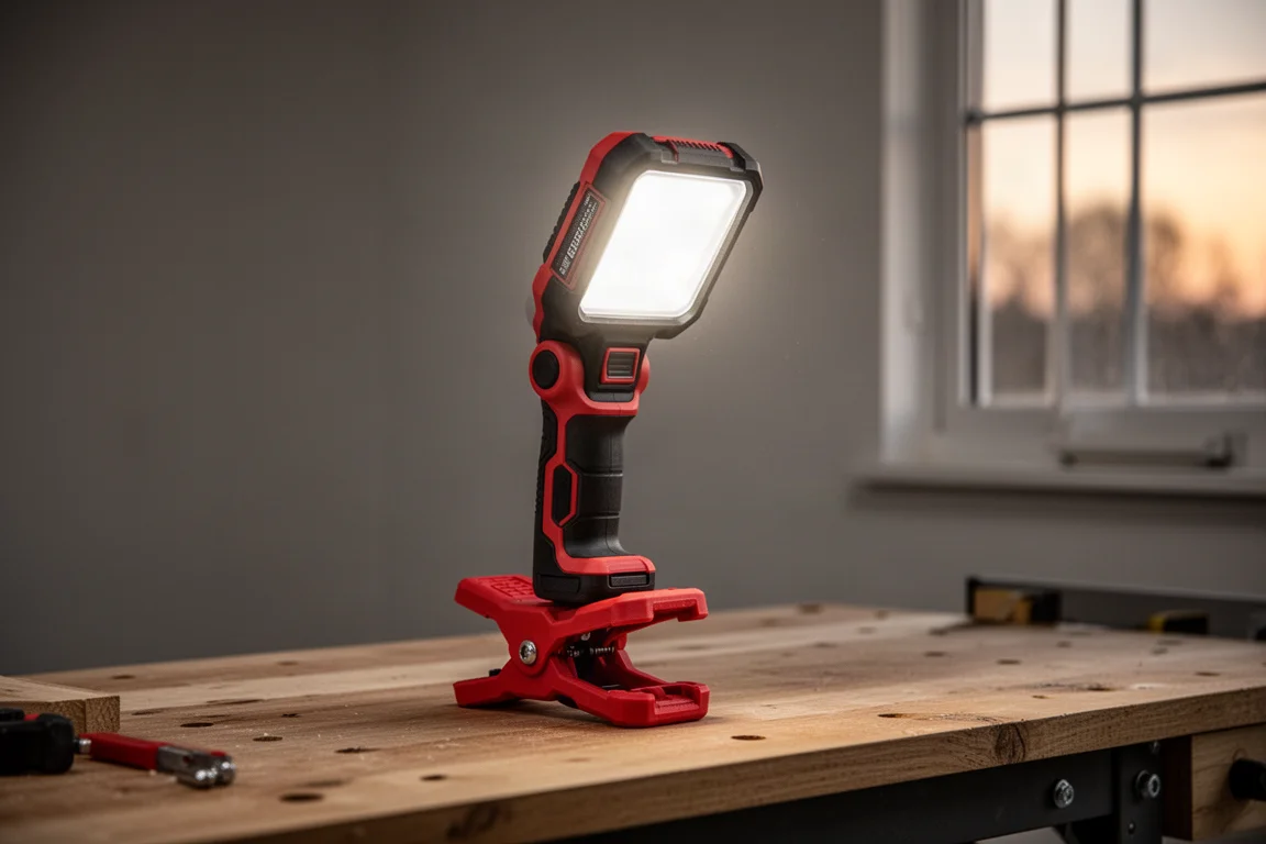 Lampada a morsetto in piedi sulla sua base come luce freestanding su un banco di lavoro