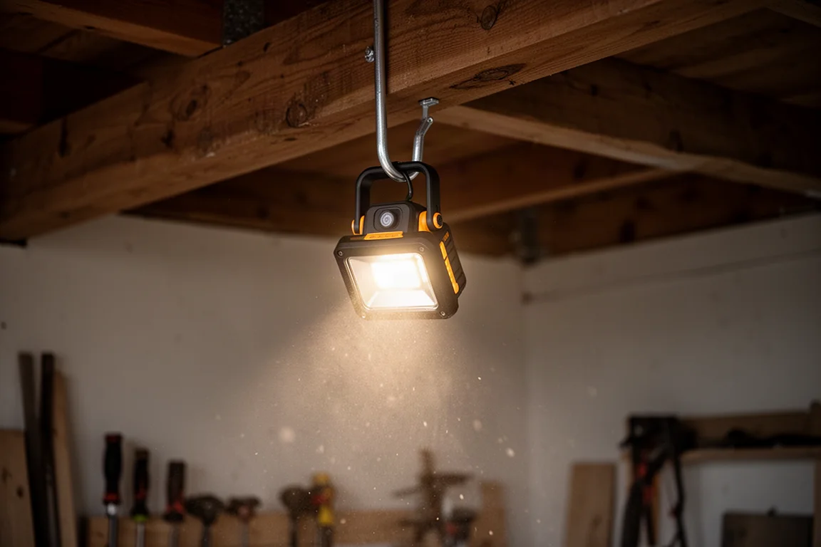 Kompaktowa lampa robocza LED zawieszona na haku na belce stropowej na budowie