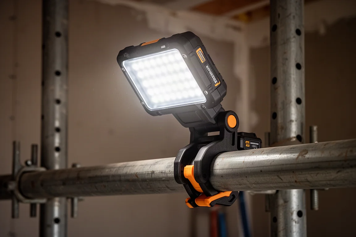 Lampa robocza typu clamp przymocowana do metalowej rury na placu budowy