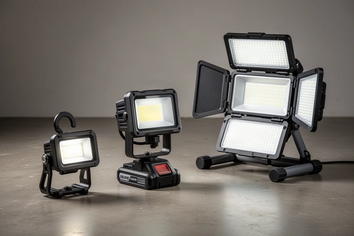 Three Milwaukee M18 Rover flood lights on a concrete workshop floor